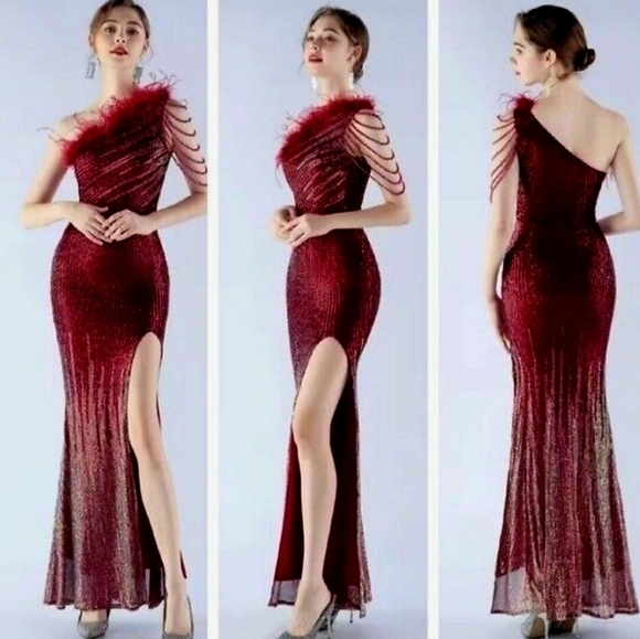 Crimson, One Shoulder Beaded,  Feather Neckline,  Sleeveless,  Sequined Gown - Picture 1 of 14